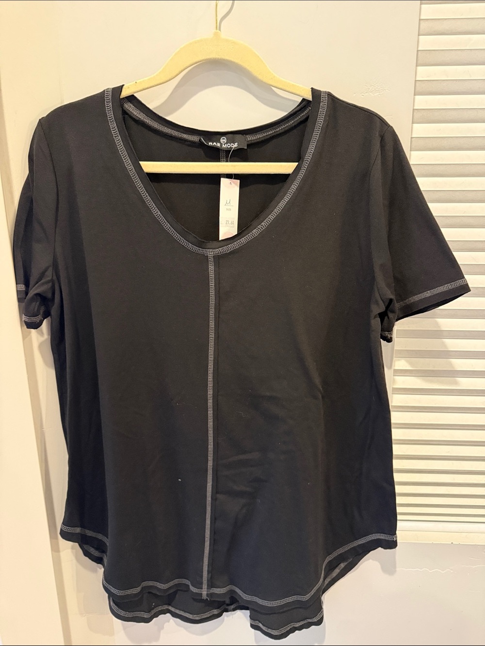Rae Mode Black Short Sleeve V-Neck Top with Contrast Stitching
